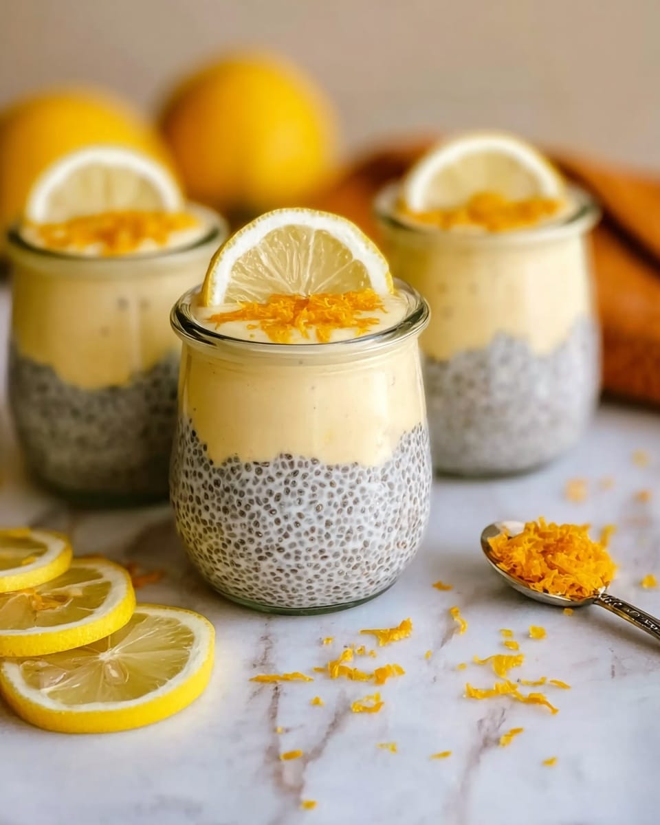 Three small clear glass jars on a white marbled surface each have two layers: the bottom layer is light gray with black specks showing the chia seeds soaked in liquid, and the top layer is creamy light yellow, smooth and thick. Each jar is garnished with a thin lemon slice placed upright on top. Around the jars, there are several lemon slices and some orange zest scattered on the surface next to a small spoon with orange zest on it. The background is softly blurred but shows hints of yellow lemons. photo taken with an iphone --ar 4:5 --v 7