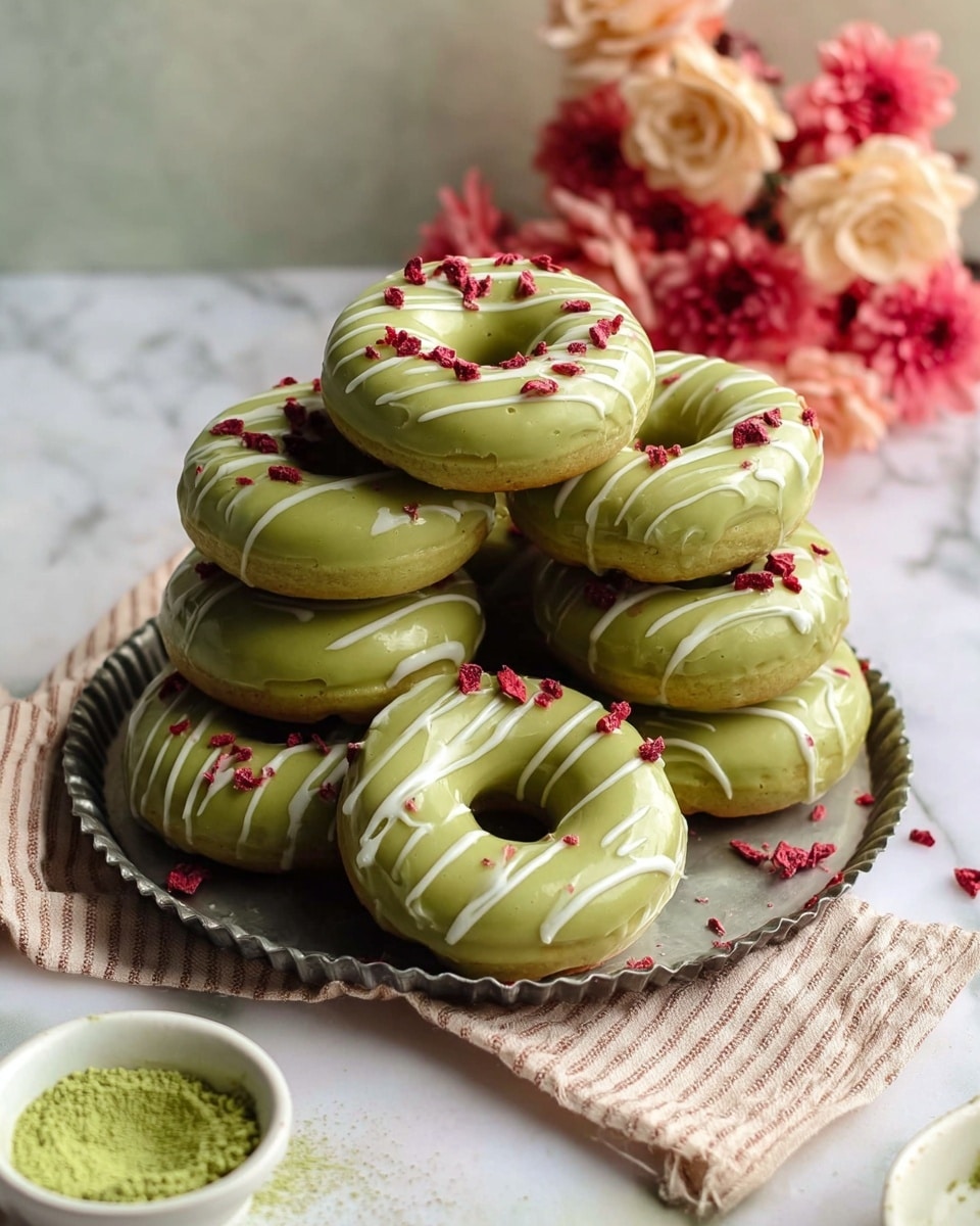 A stack of eight green donuts is placed on a round metal tray with a scalloped edge, set on a white marbled surface with a beige striped cloth partially under the tray. Each donut has a smooth, light green glaze covering the top layer, decorated with thin, white zigzag lines of icing. Small pieces of red dried fruit are sprinkled on some of the donuts, adding texture and color contrast. In the background, there is a cluster of pink and cream flowers softly blurred. A small white bowl with green powder sits near the corner of the tray. photo taken with an iphone --ar 4:5 --v 7