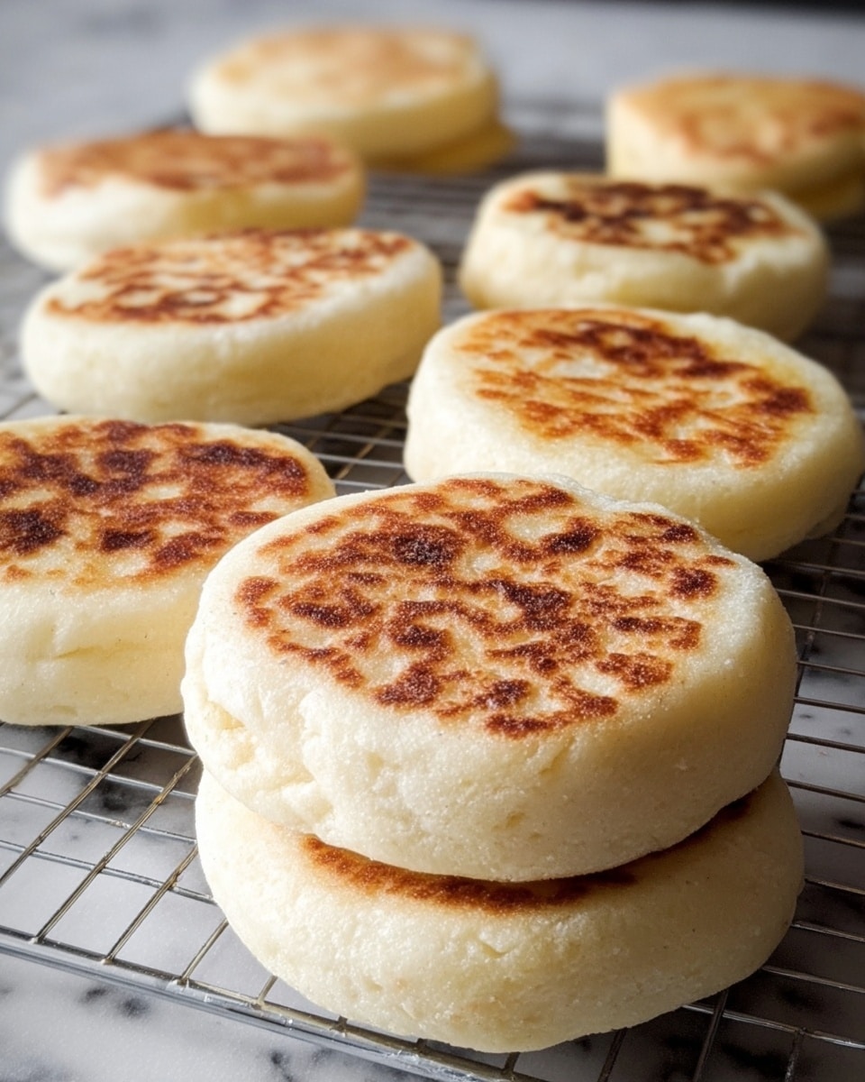 The image shows a group of flat, round bread pieces with a soft and slightly puffy texture. Each piece has a golden-brown toasted top layer that looks lightly crisp, while the sides and bottom layers remain pale and soft. The bread pieces, about ten in total, are placed on a cooling rack that sits over a white marbled surface. Two pieces in the foreground are stacked, showing the thickness and fluffy inside, while the rest lie flat behind them. Photo taken with an iphone --ar 4:5 --v 7