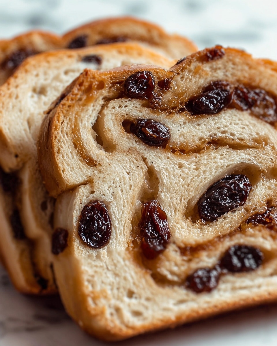 The image shows a close-up of three slices of raisin bread arranged in a row on a white surface with a white marbled texture in the background. Each slice has several dark, shiny raisins embedded in soft, light beige bread with swirls of a caramel-colored glaze or cinnamon filling spread throughout the layers. The bread texture looks fluffy and slightly moist, with the raisins providing dark contrast spots against the pale bread and golden glaze. The photo is sharp and focused on the raisins and swirls, highlighting the texture and color variations. photo taken with an iphone --ar 4:5 --v 7