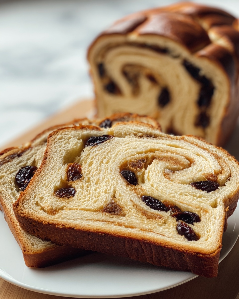 The image shows two slices of a thick, golden brown bread with a shiny crust, filled with several layers of swirl patterns inside. The bread has a soft, light beige interior with a visible loose crumb structure. Dark brown raisins are spread evenly throughout the swirls in both slices, creating a contrast with the pale dough. The slices are arranged on a white plate on a white marbled surface, and the focus is mainly on the front slice with the background softly blurred. photo taken with an iphone --ar 4:5 --v 7