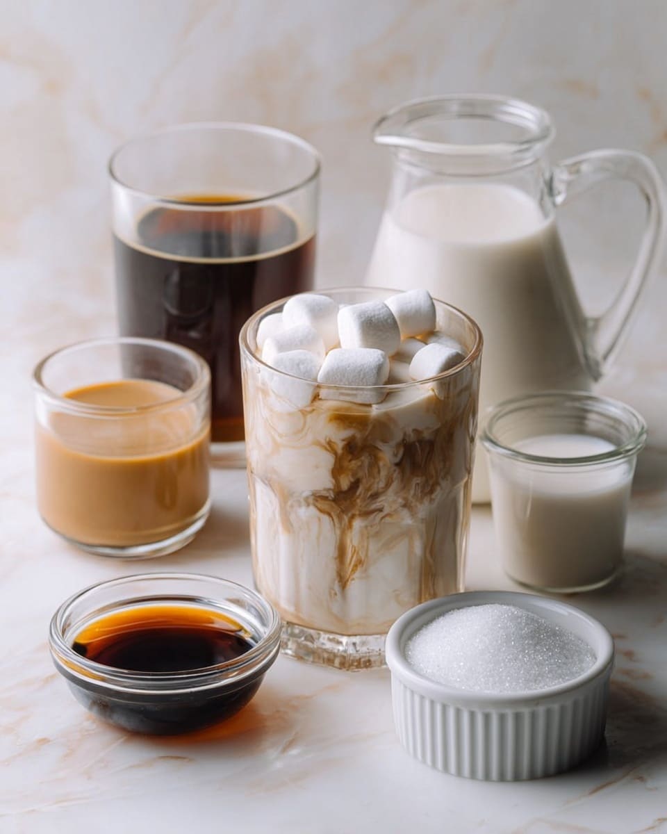A clear glass sits in the center filled with large, white marshmallows sitting on top of a creamy white liquid with some light brown swirls mixing into the liquid from the marshmallows. Behind it are four glass containers: a tall one with dark coffee, a small one with light brown syrup, another with white cream or milk, and a pitcher of white milk. In front of the glass with marshmallows is a small clear bowl filled with dark brown liquid, and a white ramekin filled with granulated white sugar. All the items are placed on a white marbled surface. photo taken with an iphone --ar 4:5 --v 7