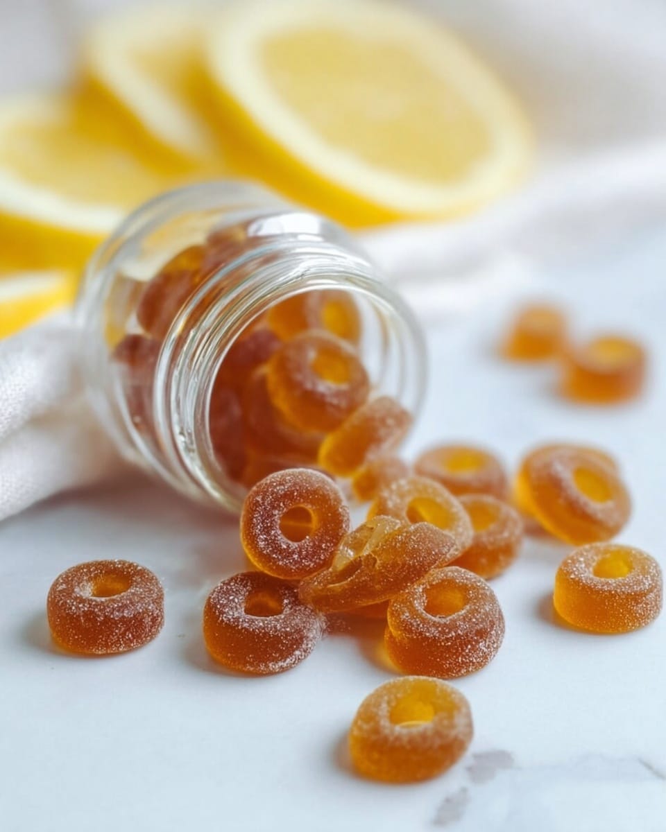 The image shows a small clear glass jar lying on its side on a white marbled surface, with soft amber-brown gummy candies spilling out onto a white cloth underneath and the surface around it. Each candy is shaped like a small, flat-topped ring with a hole in the center, having a slightly frosted texture and a shiny, smooth finish. In the background, there are blurred slices of bright yellow lemon that add a fresh contrast to the amber color of the gummies. photo taken with an iphone --ar 4:5 --v 7