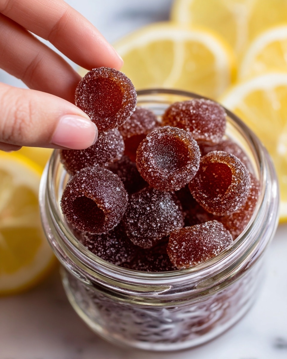 The image shows a close-up top view of a clear glass jar filled with brown, round, and glossy gummy candies that have hollow centers. The jar is sitting on a white marbled surface with sliced lemon pieces blurred in the background. The candies have a shiny, smooth texture with tiny sugar granules covering their surface. A woman's hand is reaching for one of the gummies from the jar. Photo taken with an iphone --ar 4:5 --v 7
