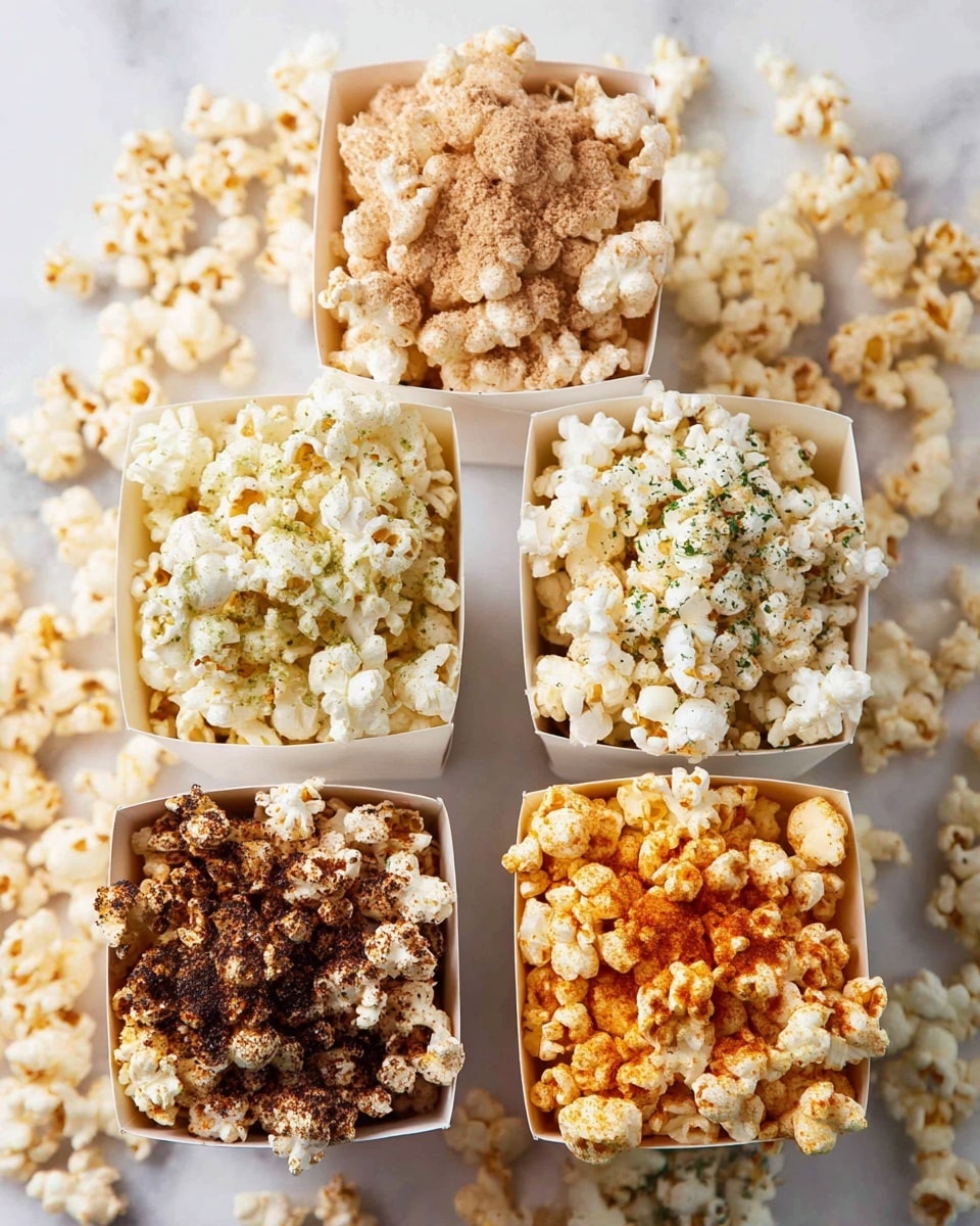 Six white paper containers filled with different flavors of popcorn are arranged on a white marbled surface, with loose popcorn scattered around. The top left container holds popcorn covered in a light brown powder, while the top right has popcorn with a slightly darker brown seasoning. The middle left container shows white popcorn with a light green herb seasoning, and the middle right has popcorn coated in an orange reddish spice. The bottom left container contains popcorn covered in a dark brown seasoning, and the bottom right features white popcorn sprinkled with green herbs. Each container is fully filled with distinct textures and vibrant colors. photo taken with an iphone --ar 4:5 --v 7