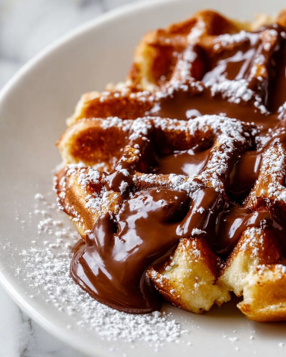 A single crispy waffle is cut into four pieces and placed in the center of a white plate. The waffle is golden brown with slightly darker, toasted edges and a textured surface with deep square indentations. Light powdered sugar is sprinkled over the waffle and plate, creating a soft white contrast on the warm tones. A silver fork rests on the left side of the plate. The plate sits on a surface with a white marbled texture, and in the background, there is a glass container with a metal lid and a yellow and white checkered cloth softly folded. Photo taken with an iphone --ar 4:5 --v 7