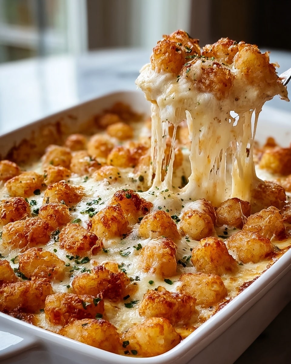 The dish is a baked casserole in a white rectangular dish filled with a base layer of creamy, melted cheese sauce that looks thick and smooth. On top, there are golden brown crispy tater tots spread evenly across the whole surface, some with slightly darker golden spots showing a crunchy texture. Toward the center, a portion is being lifted revealing stretchy, gooey cheese pulling up with the tater tots, showing strings of melted cheese connecting the layer underneath to the crispy top. The whole dish is garnished with small bits of chopped green herbs scattered on the cheese surface. The dish sits on a white marbled surface with soft natural light shining from behind. photo taken with an iphone --ar 4:5 --v 7