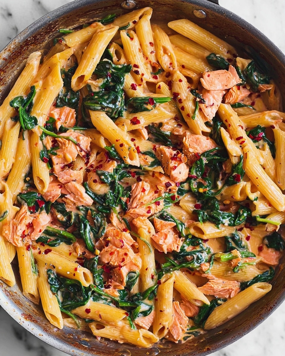 A close-up view of cooked penne pasta mixed with wilted dark green spinach leaves and chunks of pink salmon scattered evenly throughout, all coated in a creamy, light orange sauce. The pasta is in a round pan with a slightly worn gray metal surface, placed on a white marbled texture background. Small red chili flakes are sprinkled across the dish, adding a touch of color contrast. The penne pasta tubes are smooth with a glossy texture, while the salmon pieces appear flaky and tender. Photo taken with an iphone --ar 4:5 --v 7