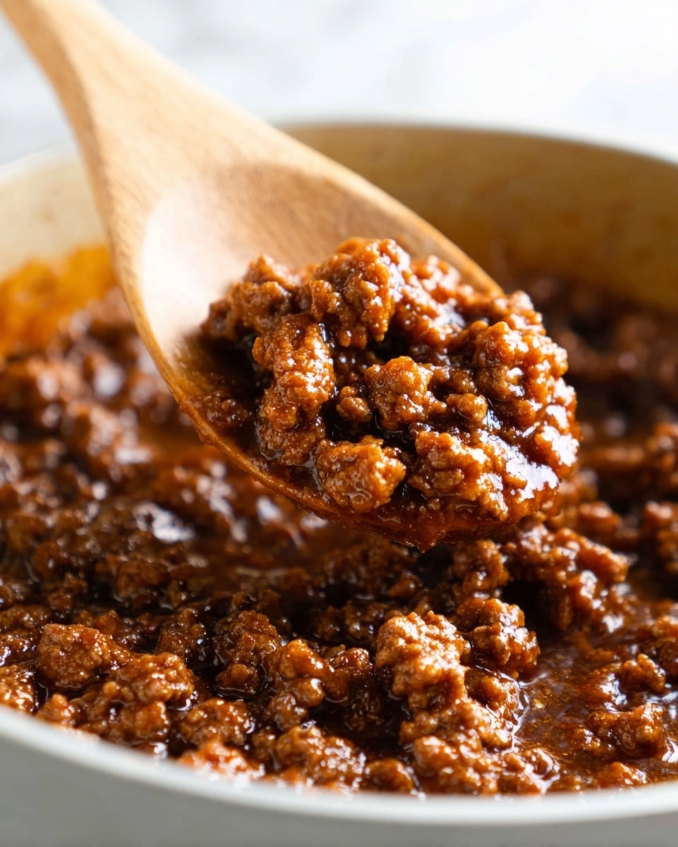 A close-up image of cooked ground meat with a rich, glossy brown sauce coating small, unevenly shaped pieces in a white bowl. A wooden spoon with a smooth, light wood texture is lifting a portion of the meat from the bowl, showing the thick, sticky texture of the sauce that clings to the sharply detailed meat chunks. The background features a clean white marbled texture surface, softly blurred to keep focus on the warm, hearty meat mixture. Photo taken with an iphone --ar 4:5 --v 7