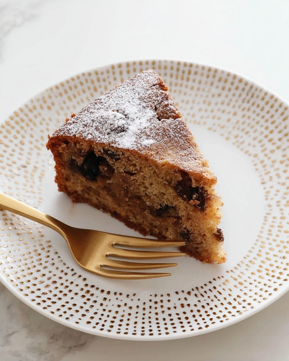 A single slice of brown cake with small dark pieces and chunks inside rests on a white plate with gold dotted patterns; the cake has a lighter brown bottom layer and a dusting of powdered sugar on top. Next to the cake slice lies a gold fork with a shiny texture, all placed on a white marbled surface. photo taken with an iphone --ar 4:5 --v 7