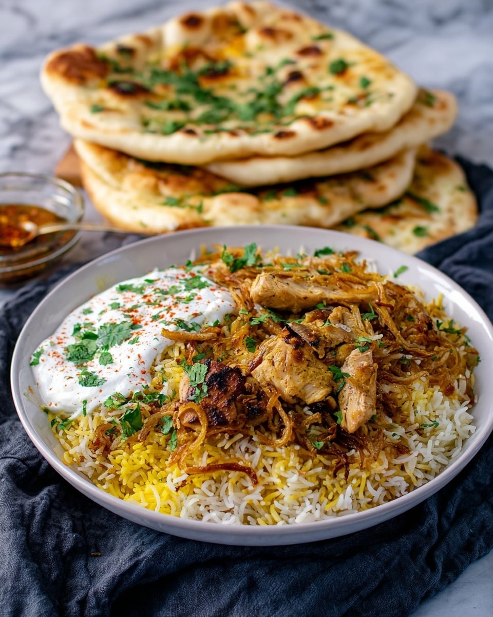 A white bowl filled with a layered dish where the bottom is a bed of cooked basmati rice showing yellow and white grains mixed; on top are golden brown fried onions scattered with some green herb leaves, and pieces of cooked chicken with a warm brown color from spices. Next to the rice and chicken is a dollop of yogurt with some red spices sprinkled over it, and fresh green herbs garnished on top. Behind the bowl, there is stacked naan bread, each piece showing light golden browning and green herbs sprinkled on the surface. The setup is on a white marbled texture with a soft dark cloth around the bowl. Photo taken with an iphone --ar 4:5 --v 7