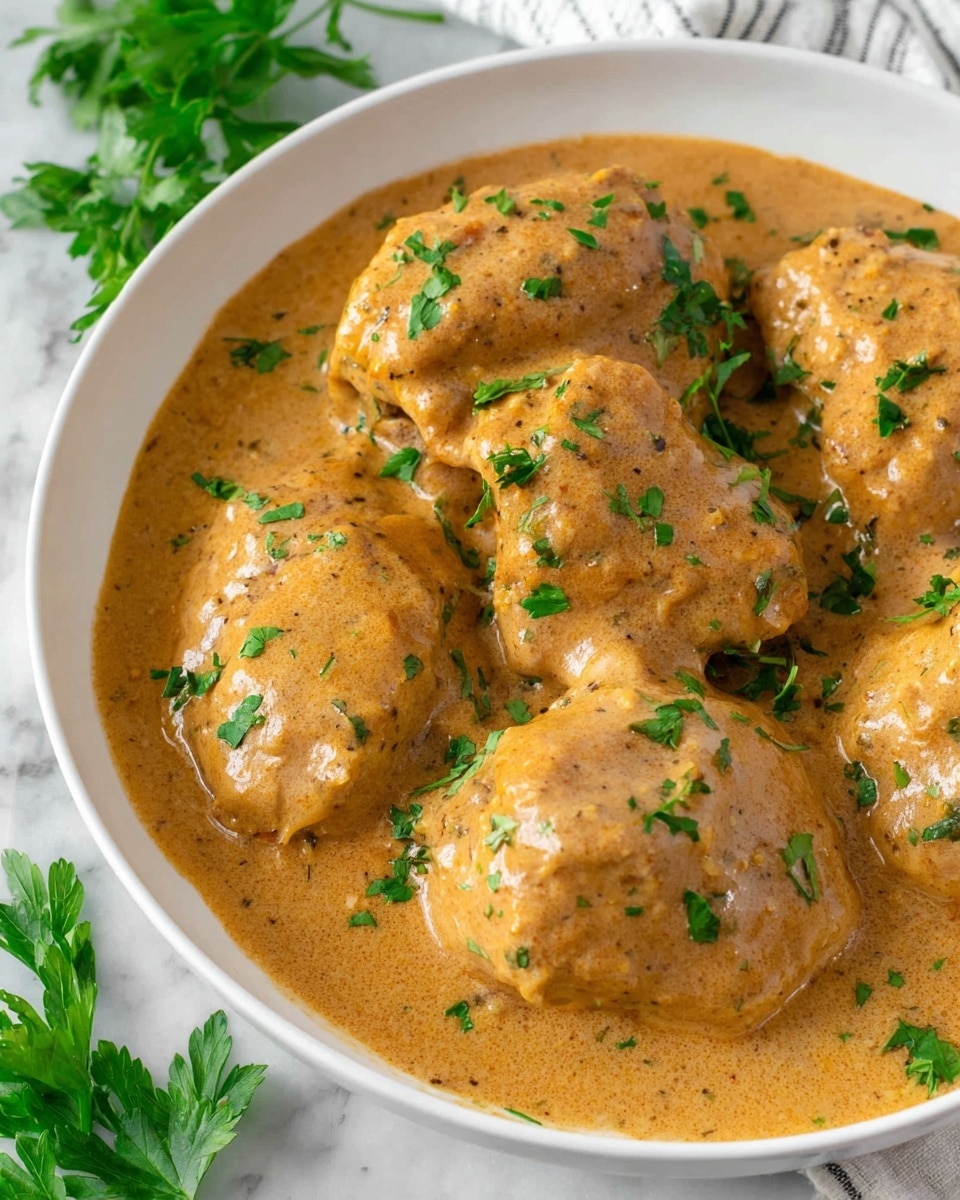 A white bowl holds five pieces of chicken, each covered in a thick, smooth, light brown sauce with a creamy texture. The sauce spreads evenly across the bottom of the bowl, surrounding the chicken pieces. Small green parsley leaves are scattered on top of the chicken and sauce, adding a fresh color contrast. The dish sits on a white marbled surface, with some green parsley sprigs placed nearby for decoration. photo taken with an iphone --ar 4:5 --v 7