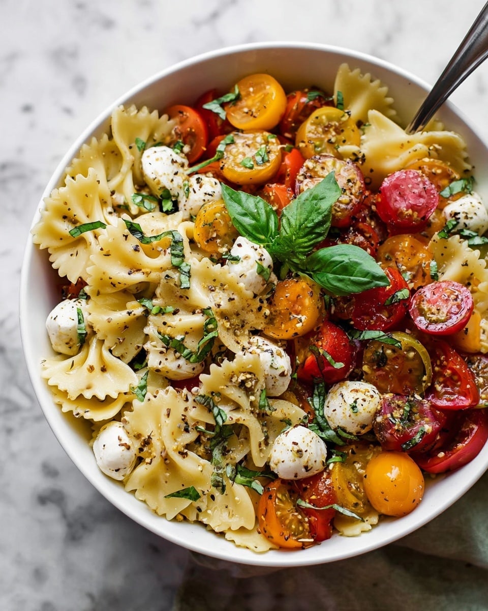 A white bowl filled with a colorful pasta salad made of three layers: the bottom layer is light yellow farfalle pasta with a smooth texture; mixed evenly on top are halved red and yellow cherry tomatoes showcasing bright, shiny skins; scattered throughout are small white mozzarella balls that are smooth and round; lastly, fresh green basil leaves and chopped herbs are sprinkled all over, with a few whole basil sprigs resting on top, and everything is lightly coated with black pepper and seasoning bits, adding speckled details. The bowl sits on a white marbled surface with a fork tucked inside the bowl near the edge. Photo taken with an iphone --ar 4:5 --v 7