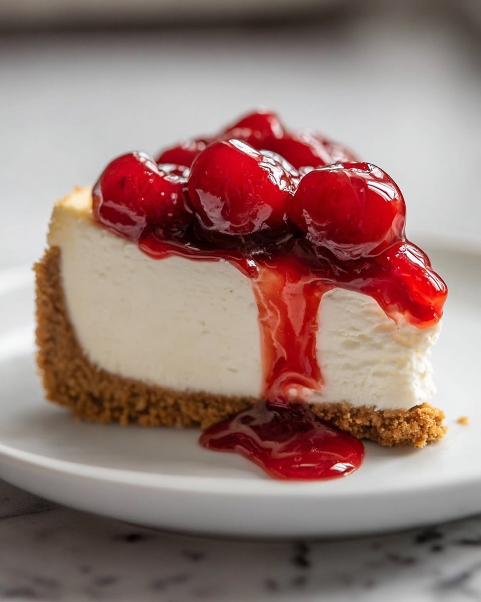 A single slice of creamy white cheesecake with a burlap brown crumb crust sits on a white plate over a white marbled texture. The cheesecake has two layers: a thick, smooth, and fluffy white cream cheese filling on top, and a dense, grainy brown crust at the bottom. Glossy bright red cherry topping with whole cherries and syrup generously covers the top of the cheesecake, dripping slightly down the side. The photo taken with an iphone --ar 4:5 --v 7