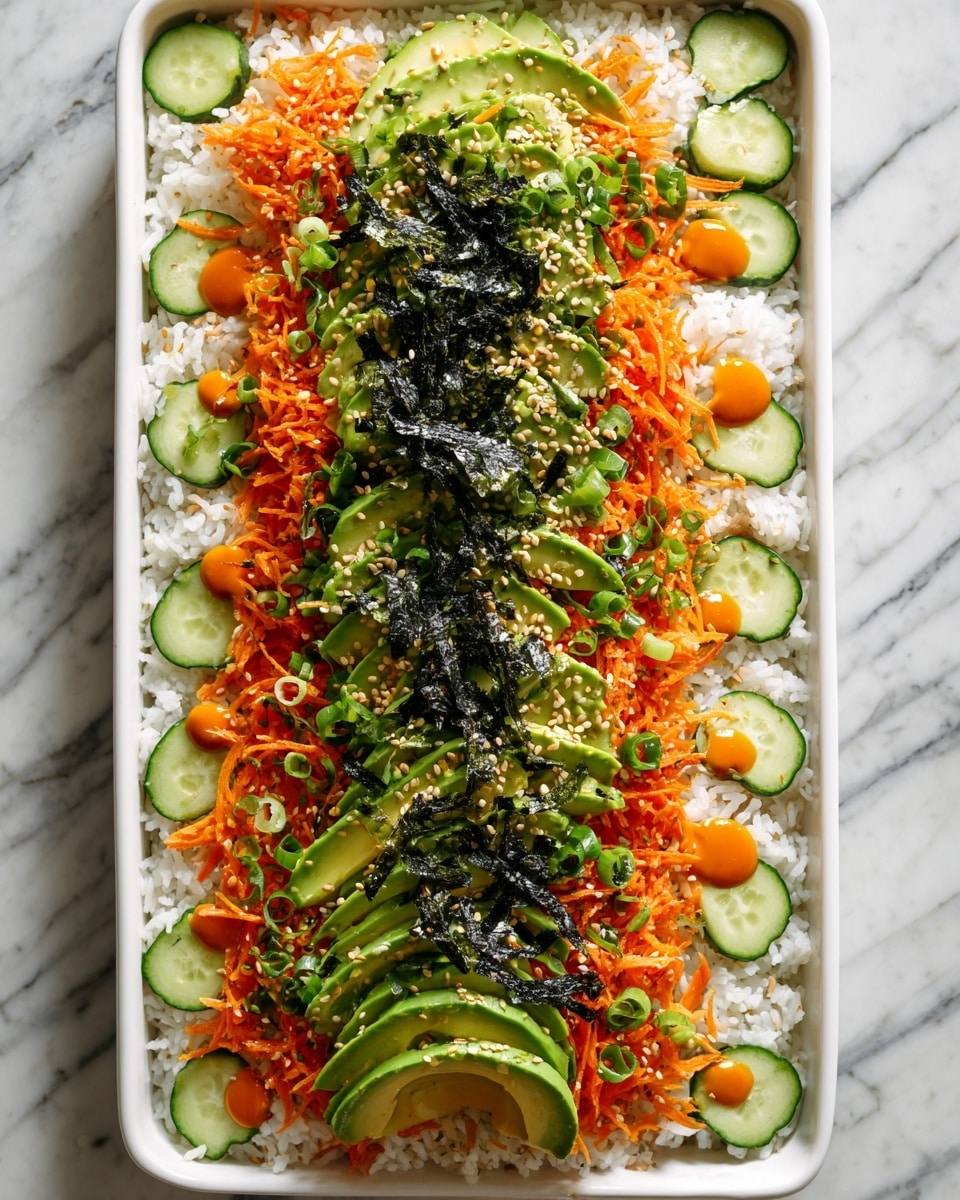 A rectangular white dish holds a layered sushi salad starting with a base of white rice covering the entire bottom. On top of the rice, thin green cucumber slices form a neat border near the edges. Shredded bright orange carrots are sprinkled in a thick layer inside this cucumber border. Neatly sliced green avocado pieces are arranged in a vertical line down the center across the carrots. Dark green seaweed strips sit on top of the avocado slices. Light brown sesame seeds and chopped green scallions are scattered all over the dish, adding texture and extra color. Small blobs of an orange sauce are dotted around the carrots near the edge of the rice layer. The dish rests on a white marbled surface. Photo taken with an iphone --ar 4:5 --v 7