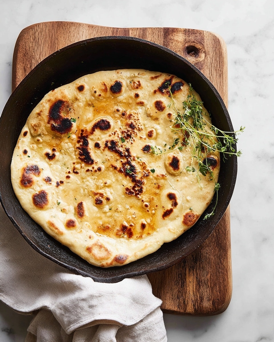 A round flatbread with a soft, light golden color and scattered dark brown charred spots lies flat in a rustic black pan. The surface of the flatbread has a slightly bubbled texture with a few glistening spots of oil or butter, and a small bunch of fresh green herbs rests on one side near the edge. The pan is placed on a wooden cutting board, set against a white marbled surface with a light cloth draped on one side. Photo taken with an iphone --ar 4:5 --v 7