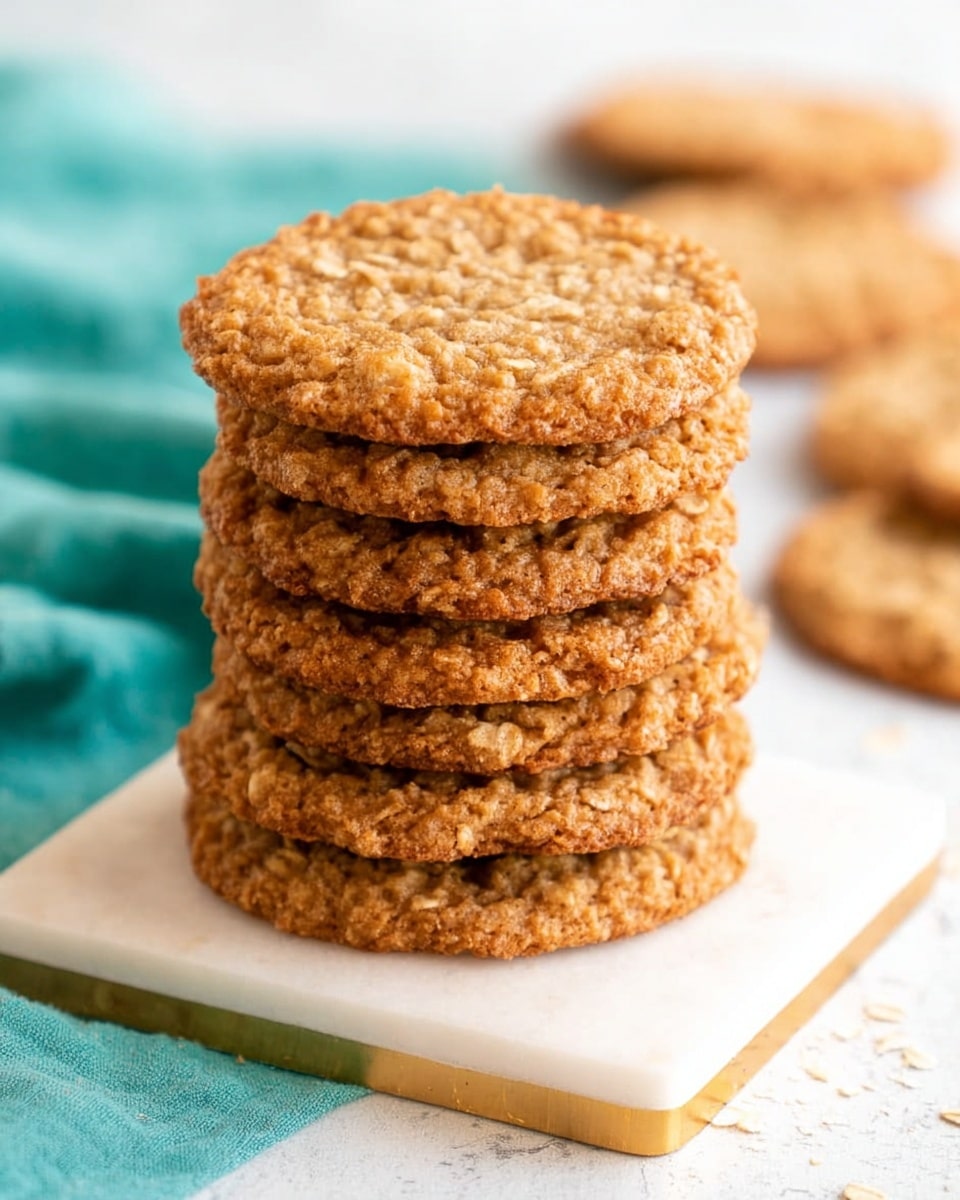 A stack of seven round oatmeal cookies with a rough, slightly crumbly texture and golden brown color sits centered on a white marbled square board with gold edges. The cookies have visible oat flakes and a soft, chewy look. Behind the stack, more cookies lie scattered on a white marbled surface, next to a teal cloth that adds a soft color contrast. The lighting is bright, highlighting the crisp edges and textured tops of the cookies. photo taken with an iphone --ar 4:5 --v 7