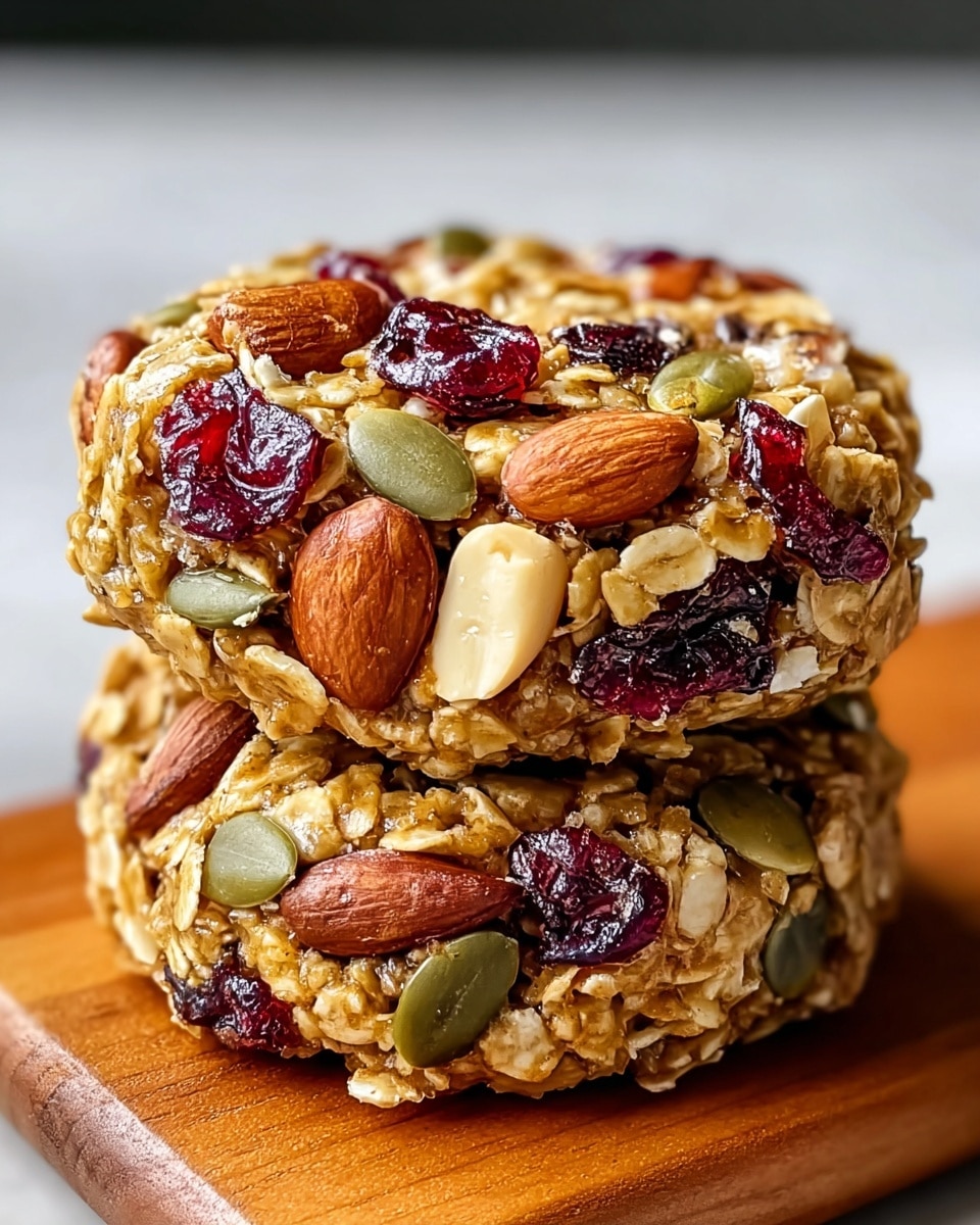 Two round, thick granola cookies stacked on each other on a wooden board with a white marbled texture background. Each cookie has visible layers of golden oats and seeds held together with a sticky glaze, topped with whole almonds, peanuts, pumpkin seeds, and dark red dried cranberries, creating a textured and colorful surface. The oats and seeds make up the main light brown base layer, with glossy nuts and dried fruit scattered evenly across the top layer. Photo taken with an iphone --ar 4:5 --v 7