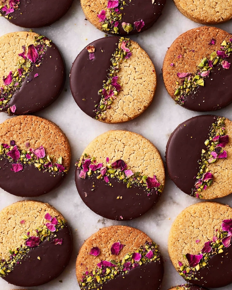A group of round cookies arranged close together on a white marbled surface. Each cookie has two layers visible: the bottom layer is a golden brown cookie with a slightly rough, crumbly texture. The top half of each cookie is covered in smooth dark chocolate, creating a clean diagonal split between the cookie and chocolate. On the chocolate side, small pieces of green pistachios and pink rose petals are sprinkled for decoration. The cookies are evenly spaced, showing a nice contrast between the warm cookie color and the rich dark chocolate with colorful toppings. photo taken with an iphone --ar 4:5 --v 7