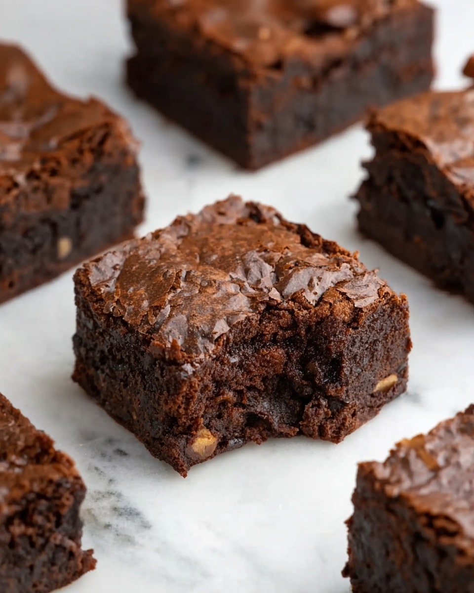 The image shows several thick, square pieces of chocolate brownies arranged on a white marbled surface. Each brownie has a slightly cracked, dark brown top layer with a rich, fudgy texture visible on the sides. The edges are firm and slightly raised while the interior looks moist and dense, with scattered bits of walnuts or chocolate chunks inside. The brownies are spaced evenly, showing deep, rich chocolate tones with a subtle shine on top. photo taken with an iphone --ar 4:5 --v 7