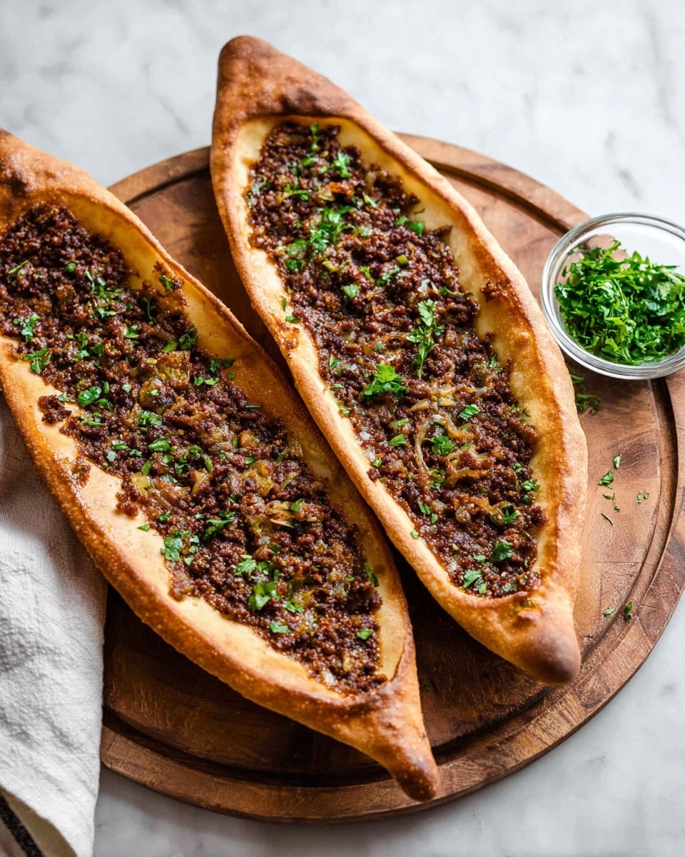 Two boat-shaped flatbreads placed side by side on a round wooden board, each with a golden-brown thick crust forming the outer edge. Inside, there is a rich, dark brown minced meat layer mixed with finely chopped onions and herbs, topped with small bits of fresh green parsley scattered unevenly for color contrast. A small glass bowl of additional chopped herbs is placed in the background, and a white cloth is casually folded near the edge of the board. The setting sits on a white marbled surface. photo taken with an iphone --ar 4:5 --v 7