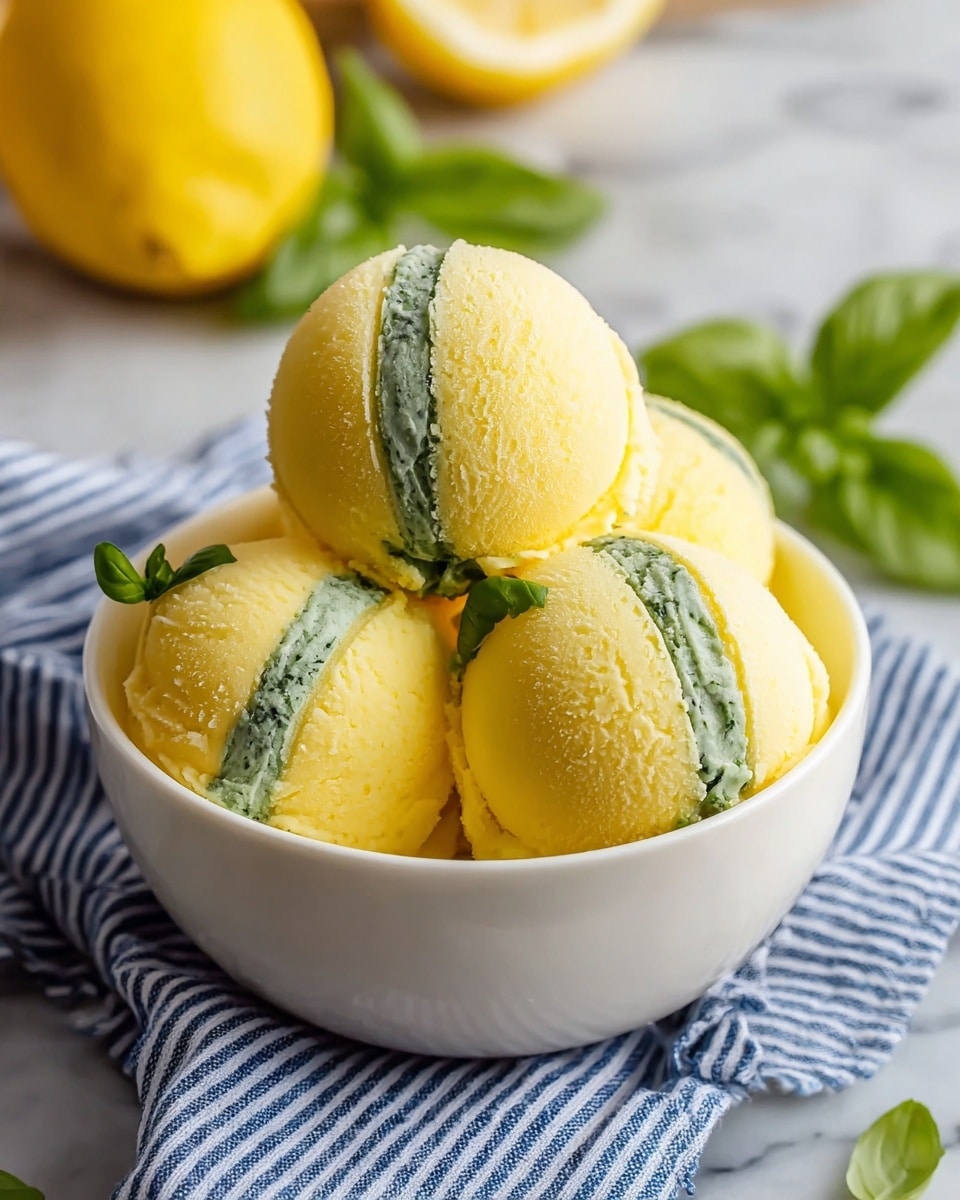 The image shows a white bowl filled with four rounded scoops of yellow lemon sorbet, each scoop having a layer of green basil ice cream in the middle, creating a striped effect. The lemon sorbet has a smooth, slightly frosty texture, while the basil layer looks creamy and fresh. There are small green basil leaves placed inside the bowl for decoration. The bowl sits on a blue and white striped cloth, all placed on a white marbled surface, and in the background, there is a partly blurred lemon and some basil leaves. photo taken with an iphone --ar 4:5 --v 7