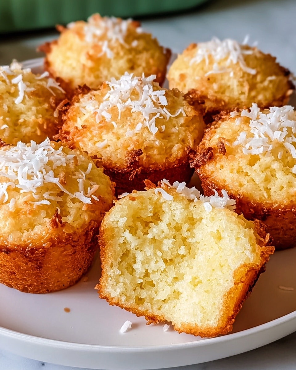A white plate holds nine golden brown coconut muffins, each topped with scattered white coconut shreds. One muffin is split open in the front, revealing a soft, light yellow, fluffy inside with a slightly crumbly texture. The muffins have a rough, toasted surface with a moist look beneath the toasted edges. The background shows a hint of green, while the plate sits on a white marbled surface. photo taken with an iphone --ar 4:5 --v 7
