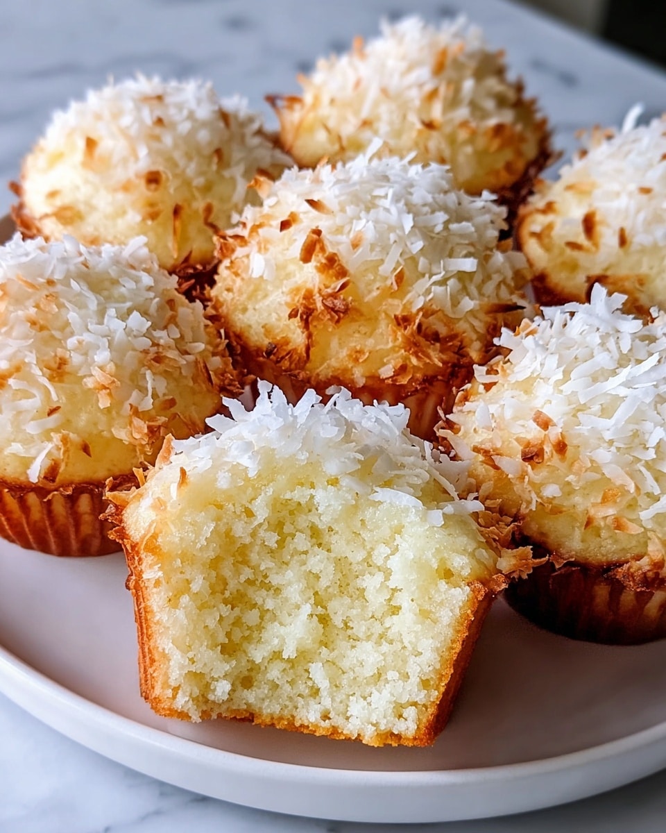A close-up view of a white plate holding eight golden brown coconut-topped cupcakes arranged in a cluster. Each cupcake has one layer, with a spongy, light yellow cake base and a rough texture on the sides, topped with a layer of white shredded coconut that is toasted at the edges, giving a mix of white and light brown colors. The front cupcake is cut in half, showing the soft, airy, and moist inside with crumbly details in pale yellow. The plate is set against a white marbled texture surface. Photo taken with an iphone --ar 4:5 --v 7