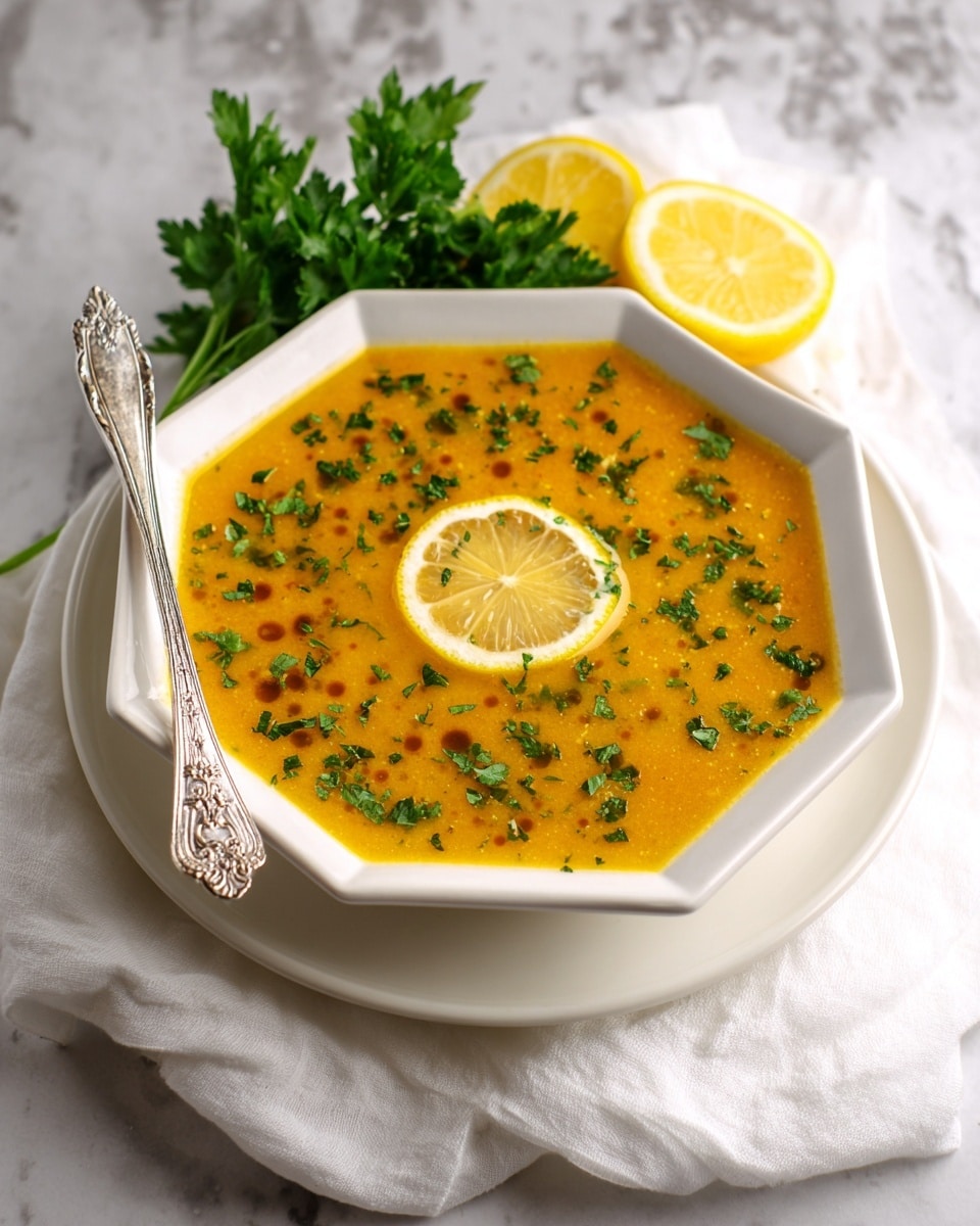 A white octagon-shaped bowl filled with a thick orange-yellow soup, topped with finely chopped green herbs sprinkled evenly across the surface. Two thin lemon slices float in the middle as a garnish. The bowl rests on a white plate, with a detailed silver spoon placed inside on the left side. Behind the bowl, fresh green parsley and two lemon wedges add a fresh touch. The whole setup is on a white marbled surface with a white cloth holding soft folds beneath the plate. Photo taken with an iphone --ar 4:5 --v 7