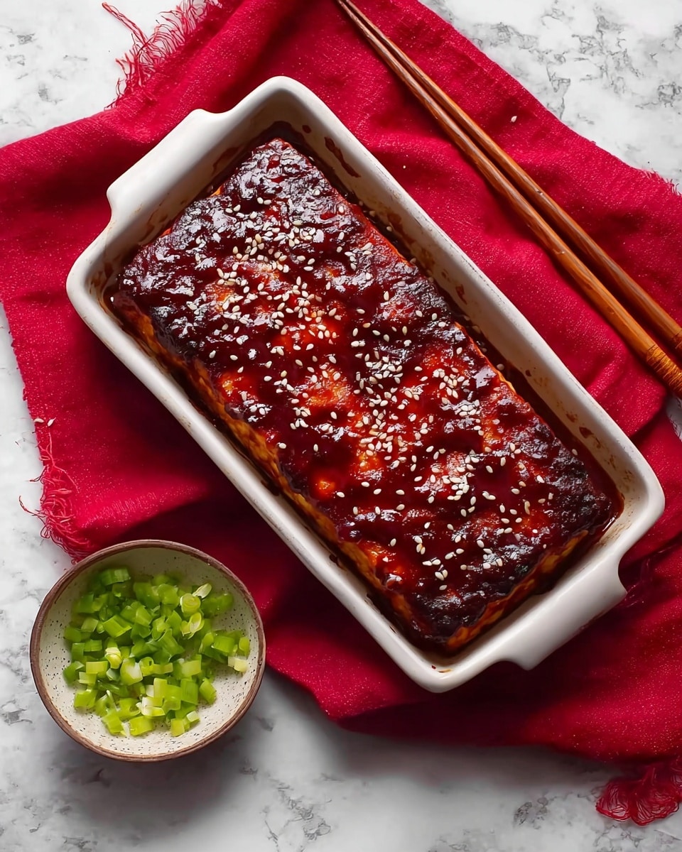 A rectangular baked tofu block sits in a white ceramic dish, covered with a shiny, thick layer of dark red glaze that has caramelized edges and is sprinkled with white sesame seeds. The tofu looks firm and well-cooked, with a slightly charred crust on top. Next to the dish is a small bowl filled with bright green chopped scallions. The dish and bowl are placed on a bright red cloth, and two wooden chopsticks rest to the right of the dish. The whole setup is on a white marbled surface, giving a clean and fresh look. photo taken with an iphone --ar 4:5 --v 7
