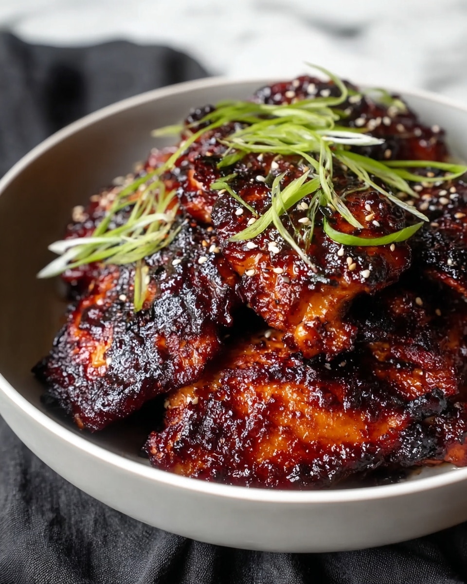 A bowl filled with several pieces of dark reddish-brown glazed chicken, each piece showing a caramelized, slightly charred texture with a sticky shine. The chicken is topped with thin, bright green slices of scallion and sprinkled lightly with white sesame seeds. The bowl is white and set on a white marbled surface with a black cloth underneath. The overall look is rich, bold, and savory with a contrast of dark and bright colors. photo taken with an iphone --ar 4:5 --v 7