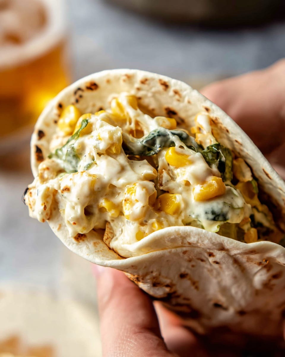 A close-up view of a soft, lightly toasted tortilla wrapped around a creamy filling. The filling shows a mix of melted white cheese with hints of yellow corn kernels and dark green vegetable pieces creating a rich, textured look inside the tortilla. The tortilla is being held gently by a person's fingers on a white marbled surface with a blurred glass in the background. The focus is on the soft, warm layers and the creamy, cheesy inside texture, capturing the inviting and fresh appeal of the dish. photo taken with an iphone --ar 4:5 --v 7
