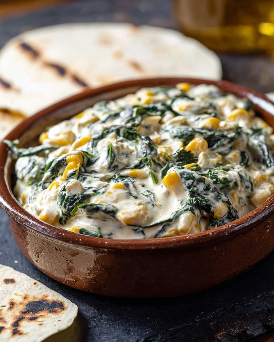 A brown clay bowl filled with creamy white dip that has visible wilted dark green spinach leaves and small yellow corn kernels mixed throughout, giving it a textured and rich look; the bowl sits on a dark surface with two slightly charred white corn tortillas placed nearby, one near the bowl edge and another slightly blurred in the background on a white marbled texture, with a blurry bottle in the far background. photo taken with an iphone --ar 4:5 --v 7