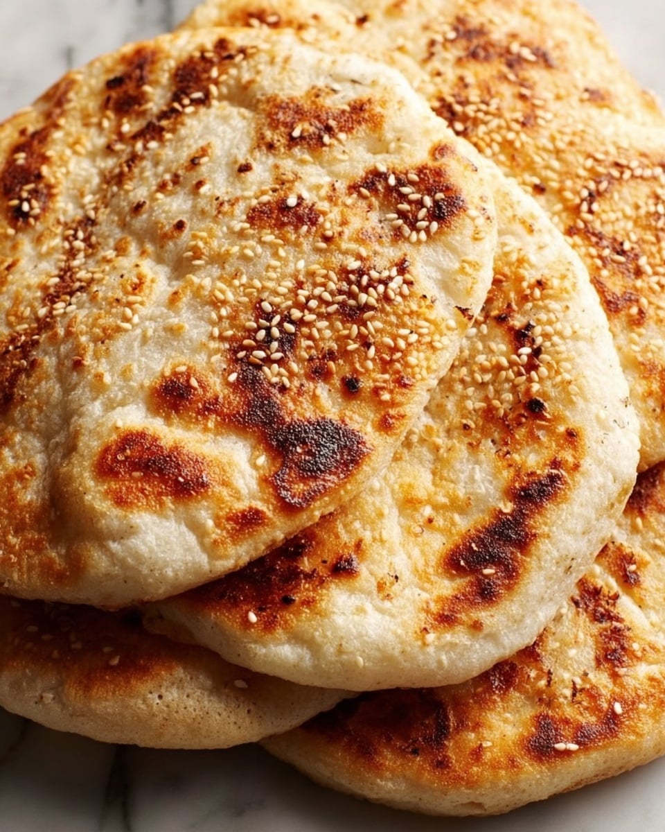 The image shows a close-up of four pieces of round, toasted flatbread stacked loosely on a white marbled surface. Each flatbread is thick with a light golden brown color and textured with scattered sesame seeds toasted to varying shades of brown. The surface of the bread has bubbly, uneven patches with darker toasted lines and spots, highlighting a crisp yet soft texture. The layers slightly overlap and the edges are soft and puffed, giving a fresh, homemade look. Photo taken with an iphone --ar 4:5 --v 7