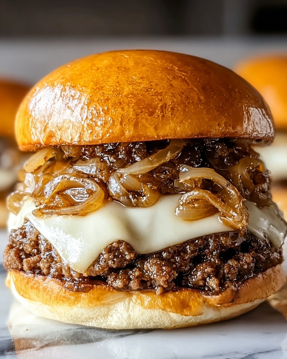 A close-up view of a burger with three main layers inside a shiny, golden brown bun. The bottom bun holds a layer of dark, crumbly ground beef cooked with sauce, topped by a slice of melted white cheese that folds slightly at the edges. On top of the cheese, there is a generous layer of caramelized onions that are soft and glossy with shades of light brown and translucent yellow. The top bun sits gently on the onions, completing the sandwich. The burger is placed on a white marbled surface. Photo taken with an iphone --ar 4:5 --v 7