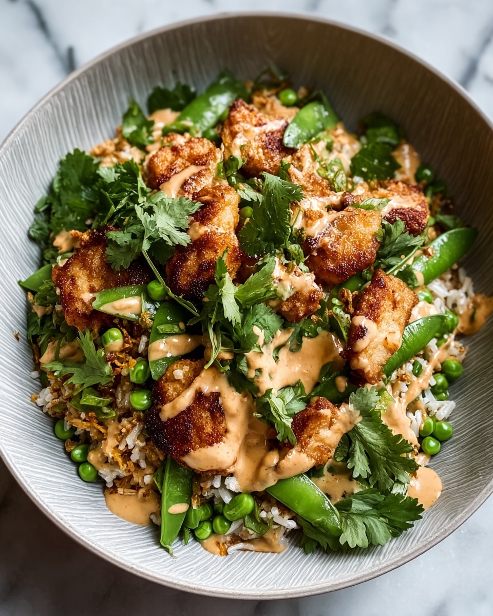 A bowl filled with a mix of cooked white rice and fried rice as the base layer, topped with golden-brown crispy chicken pieces scattered all over. Bright green snap peas and whole green peas are mixed throughout the dish, adding fresh pops of color. Generous fresh cilantro leaves are spread on top, giving a lively green contrast. The entire dish is drizzled with a creamy light brown sauce that looks thick and smooth, with some sauce pooling around the chicken and peas. The bowl has a light-colored inner surface with subtle vertical lines, and the setting is on a white marbled surface. photo taken with an iphone --ar 4:5 --v 7