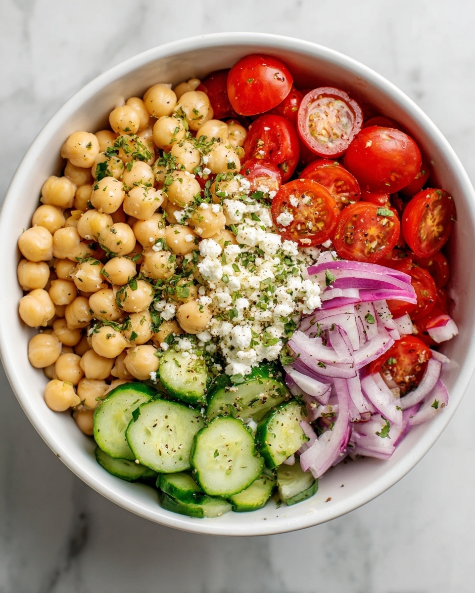A white bowl filled with a colorful chickpea salad showing three main layers: the bottom layer is mostly round, light beige chickpeas; the middle layer has sliced green cucumbers and red onion wedges with a glossy texture; the top layer consists of bright red cherry tomatoes, white crumbled cheese, and finely chopped green herbs sprinkled throughout, all lightly dusted with black pepper. The bowl is placed on a white marbled surface, creating a clean and fresh look. photo taken with an iphone --ar 4:5 --v 7
