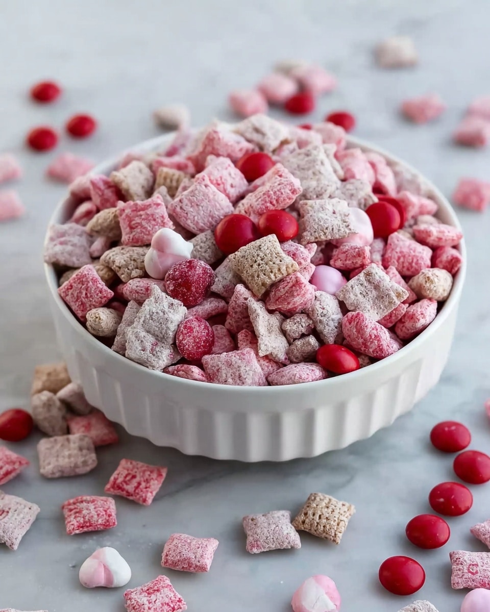 A white scalloped bowl filled with a mix of pink and white square cereal pieces that have a powdery texture, mixed with small round red and pink candy-coated chocolates. The cereal pieces vary slightly in size and are scattered closely together, creating a layered look with some overlapping each other. Around the bowl, a few red candy-coated chocolates and cereal pieces are scattered on a white marbled background, adding a casual, slightly messy feel to the image. photo taken with an iphone --ar 4:5 --v 7