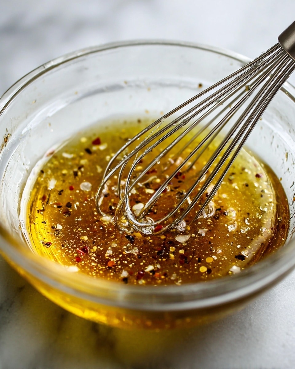A clear glass bowl filled with a golden, oily liquid mixed with small bubbles, black and red pepper flakes, and coarse salt pieces floating throughout. A shiny metal whisk is partially submerged, stirring the mixture, with the thin wires coated in the oil and some salt clinging to them. The bowl sits on a white marbled surface, and the image is focused close on the bowl and whisk, showing the glistening texture and details of the seasoning in the liquid. photo taken with an iphone --ar 4:5 --v 7
