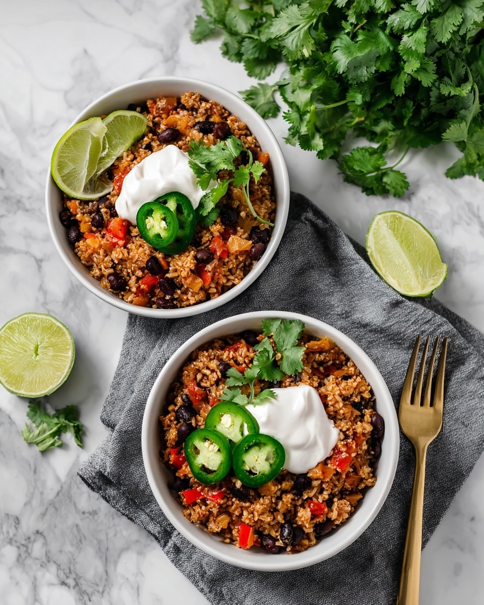 Two white bowls filled with a mixture of rice, black beans, and small diced red peppers, creating a colorful, textured base layer. Each bowl is topped with a small dollop of white sour cream, two slices of green jalapeño peppers with visible seeds on top, and one lime wedge placed along the side inside the bowl. The bowls are placed on a gray cloth, and in the background, there is a bunch of fresh green cilantro leaves adding a fresh touch. A gold fork is placed nearby on the marble surface. The overall setting is bright with a clean white marbled texture beneath everything. photo taken with an iphone --ar 4:5 --v 7