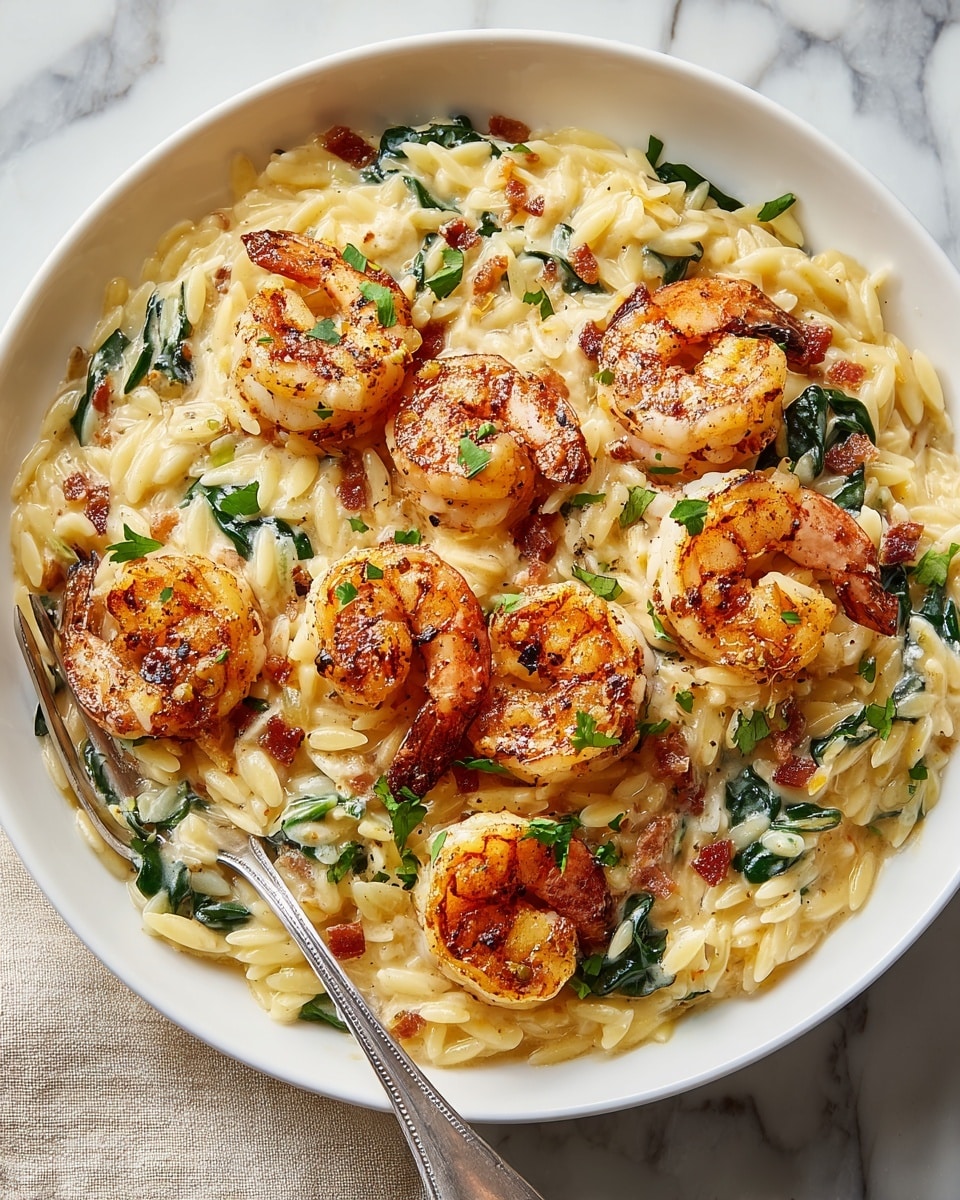 A white bowl filled with creamy orzo pasta mixed with small green spinach leaves, visible pieces of white cheese, and bits of browned bacon. On top, there are about eight large, golden-orange shrimp that are slightly charred with a sprinkle of red seasoning and black pepper. Green parsley leaves are scattered across the dish adding a fresh look. The dish is creamy with a glossy texture and a fork rests on the right side of the bowl. The background is a white marbled surface, and a light beige napkin is placed under the bowl on the left side. photo taken with an iphone --ar 4:5 --v 7