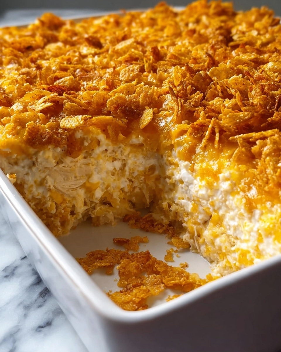 The image shows a close-up of a layered baked dish in a white rectangular baking dish. The top layer is a golden-brown, crispy crust made of crushed cornflakes, giving a textured, crunchy look. Below this is a creamy, cheesy layer mixed with shredded chicken, visible in an off-white color with a slightly stringy texture. The layers are thick and densely packed with a small section cut out, revealing the creamy chicken and cheese filling inside. Crumbs from the top layer are scattered on the side of the dish. The background is a white marbled surface. photo taken with an iphone --ar 4:5 --v 7