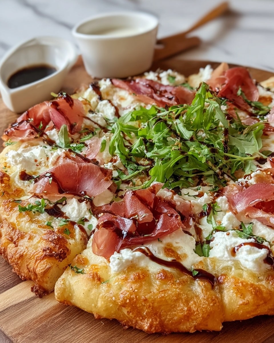 A close-up of a round pizza with a thick, golden-brown crust that has a bubbly texture, topped with uneven dollops of white ricotta cheese spread across the surface. Thin slices of reddish-pink prosciutto are scattered on top, some slightly folded, giving a delicate and airy feel. In the center and sprinkled throughout are green arugula leaves adding a fresh contrast. The pizza is drizzled with a dark balsamic glaze that glistens under the light, adding a shiny, sticky detail. It's placed on a wooden board with two white dipping sauce bowls in the background, all set on a white marbled surface. Photo taken with an iphone --ar 4:5 --v 7
