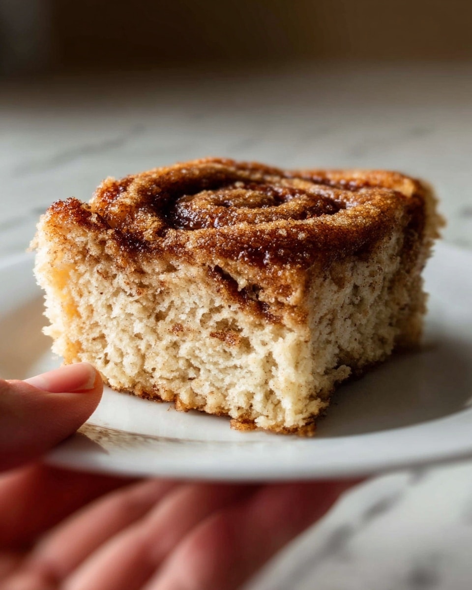 A close-up of a thick, square piece of cinnamon roll with three visible layers: the bottom layer is a light, soft dough with a fluffy texture, the middle layer is a swirl of cinnamon sugar that is darker brown and slightly grainy, and the top layer is a crispy, caramelized cinnamon sugar crust with a golden brown tone and a textured surface. The cinnamon roll is held by a woman's hand on the edge of a plain white plate, all set on a white marbled texture. The lighting is warm and natural, highlighting the texture and layers of the roll. Photo taken with an iphone --ar 4:5 --v 7