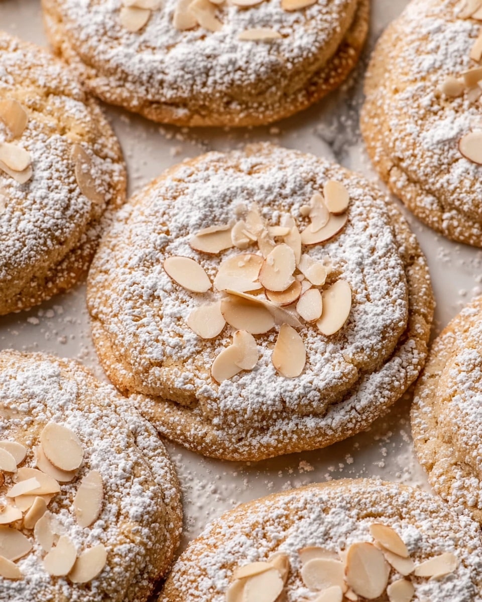 The image shows several thin, round cookies with a light brown color spread closely together on a white marbled surface. Each cookie is topped with a light dusting of powdered sugar, giving them a snowy white sprinkle effect. On the center of each cookie, there is a small pile of thin, pale beige almond slices that add texture and contrast. The cookies have a slightly rough texture, and the powdered sugar highlights the uneven surface and edges. photo taken with an iphone --ar 4:5 --v 7