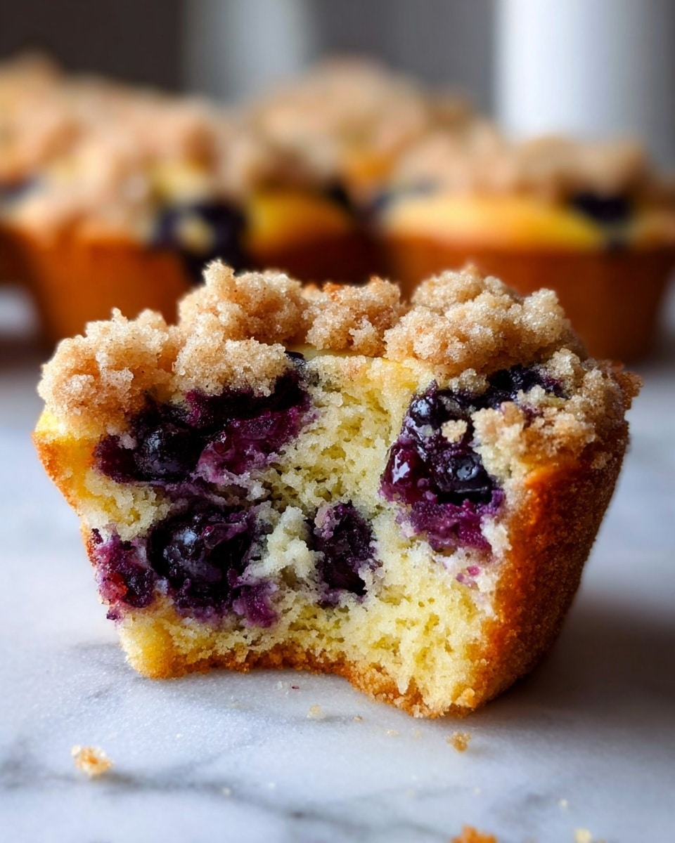 A close-up view of a cut blueberry muffin showing three main layers: the bottom golden brown baked crust, a middle soft yellow cake layer with dark purple whole blueberries scattered inside, and a top crumbly light brown streusel layer with a sandy texture. The muffin sits on a white marbled surface with a few crumbs scattered around, and blurred muffins are in the background, creating depth. The focus is sharp on the front muffin revealing moist textures and juicy berries. Photo taken with an iphone --ar 4:5 --v 7