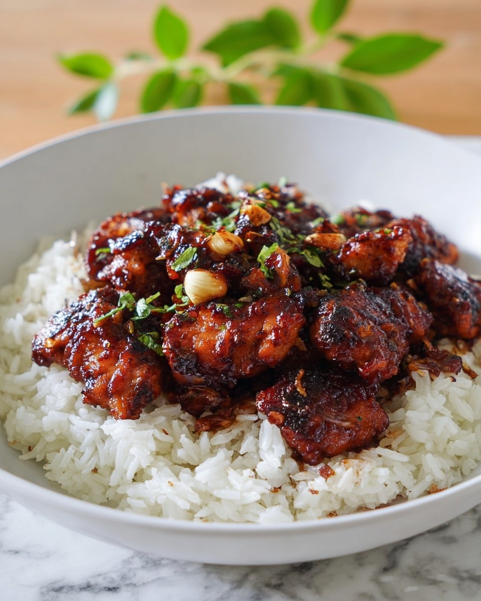 A dish with two layers is shown in a white bowl on a white marbled surface. The bottom layer is white rice, loose and fluffy with a soft texture. On top, there is a second layer of dark brown, glossy grilled chicken pieces coated in a thick sauce, showing a slightly charred texture with a few golden garlic slices mixed in. Small bits of green herbs are sprinkled over the chicken and rice, adding a touch of color. In the background, some green leaves are slightly blurred. Photo taken with an iphone --ar 4:5 --v 7