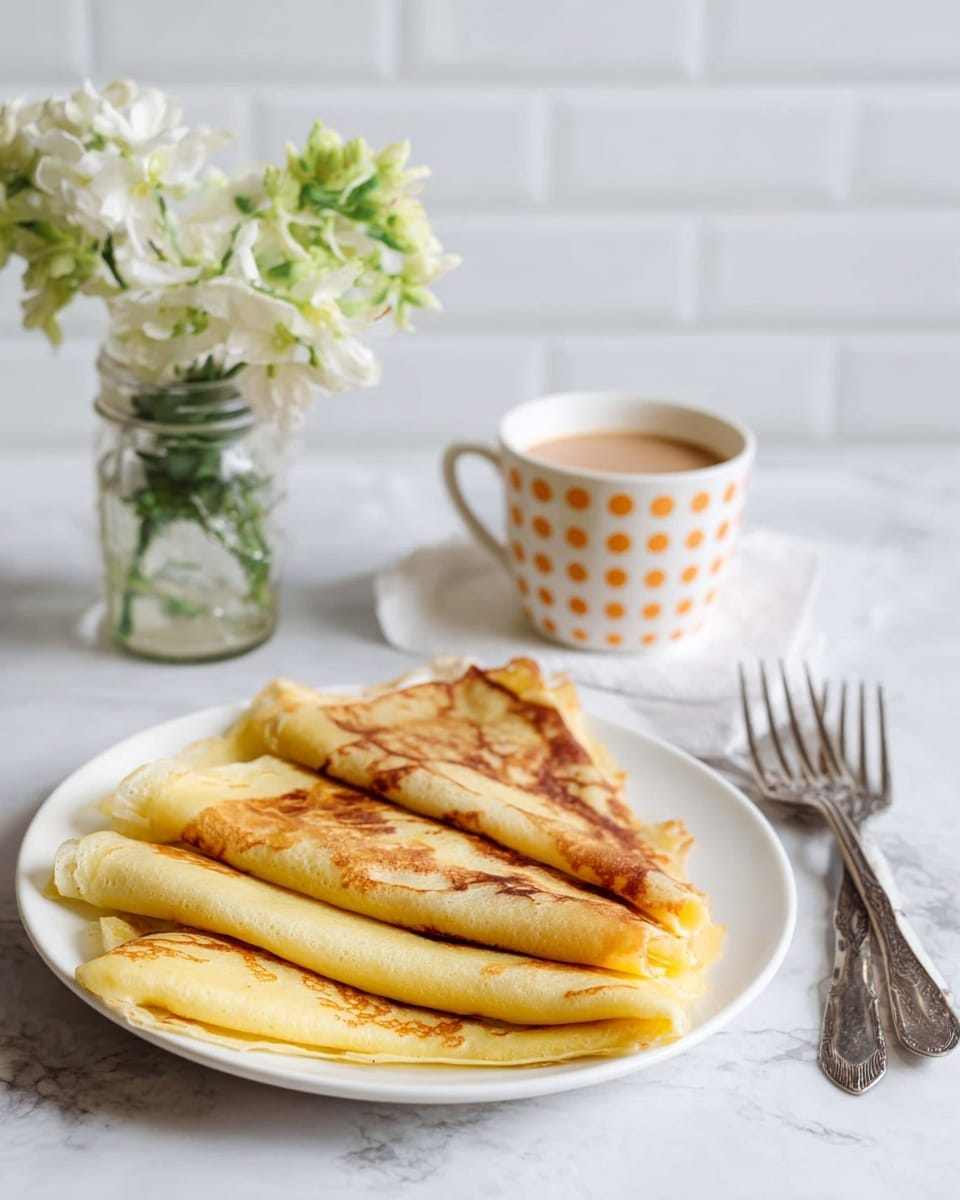 The image shows a white plate with three folded crepes layered on top of each other; the bottom layer is soft pale yellow crepe, the middle layer is light brown with golden patches, and the top layer is slightly darker brown with some crispy edges, all neatly folded into triangles. Two vintage silver forks rest on the side of the plate. Behind the plate, there is a white cup with orange dots filled with a light brown drink, and to the left, a glass jar with white and green flowers sits against a white brick wall. The whole setup is placed on a white marbled textured surface with soft natural light. photo taken with an iphone --ar 4:5 --v 7