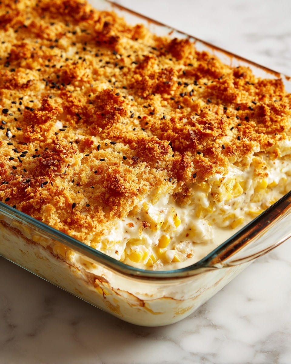 A baked dish in a clear glass casserole showing three visible layers: the bottom layer is creamy and white, the middle layer has small pieces of light yellow corn, and the top layer is golden-brown with a crispy, crumbly texture sprinkled with black pepper flakes, all under warm lighting with the dish resting on a white marbled texture surface, photo taken with an iphone --ar 4:5 --v 7