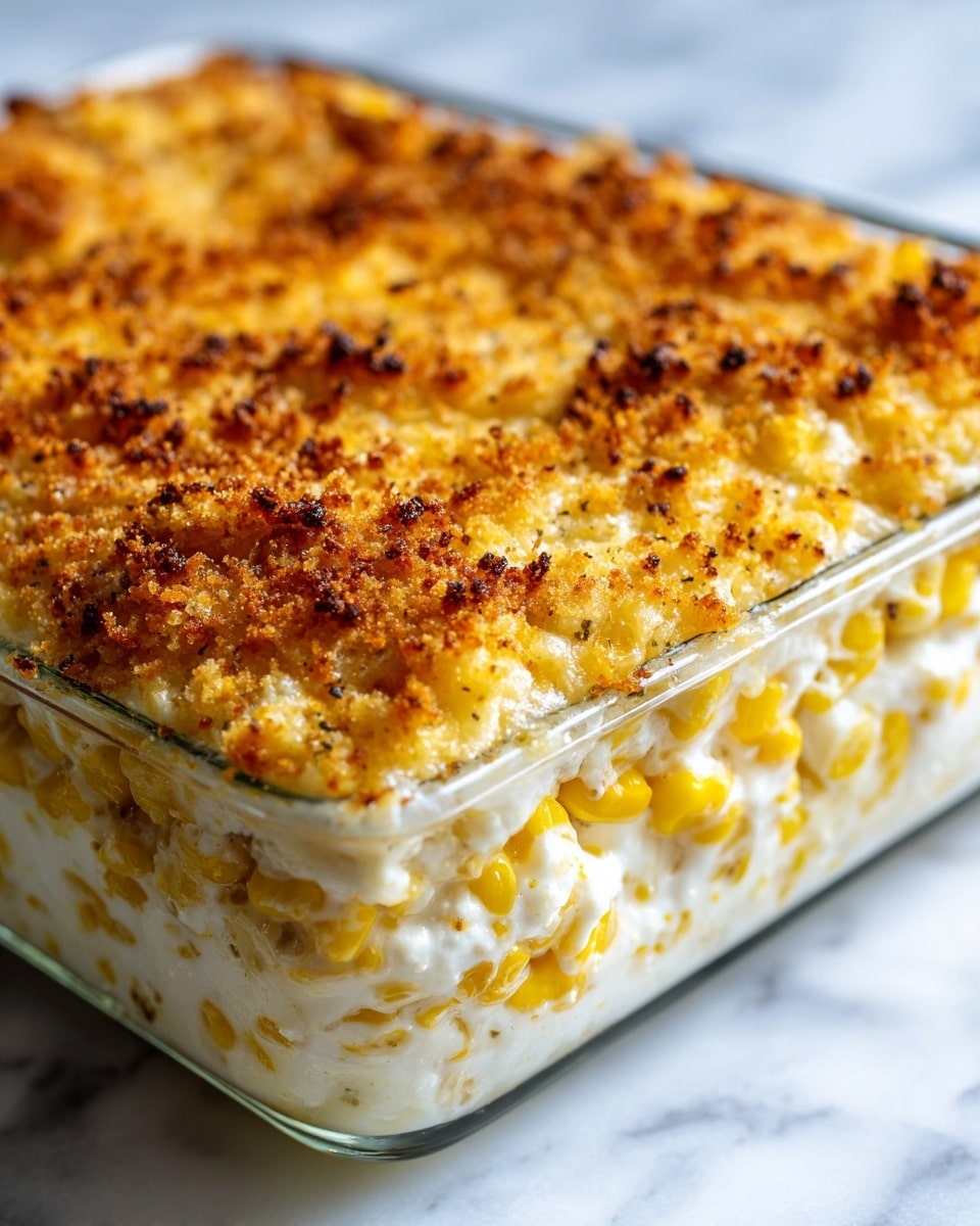 A close-up view of a glass baking dish filled with layered creamy macaroni and cheese. The bottom layer is smooth and thick white cheese sauce mixed with pasta, topped by a golden-brown crunchy breadcrumb layer speckled with black seasoning bits. The crunchy top layer has uneven peaks of toasted crumbs that create a textured surface with a warm glowing look. The dish is set on a white marbled surface with soft sunlight highlighting the crispy texture and creamy base. Photo taken with an iphone --ar 4:5 --v 7